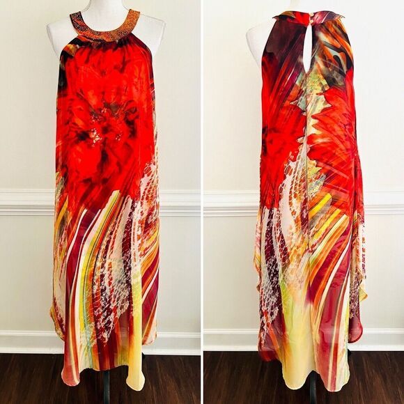 🎉Clearance🎉Cato Red Long Flowy Beaded Layered Chiffon Summer Dress Small - Picture 1 of 11